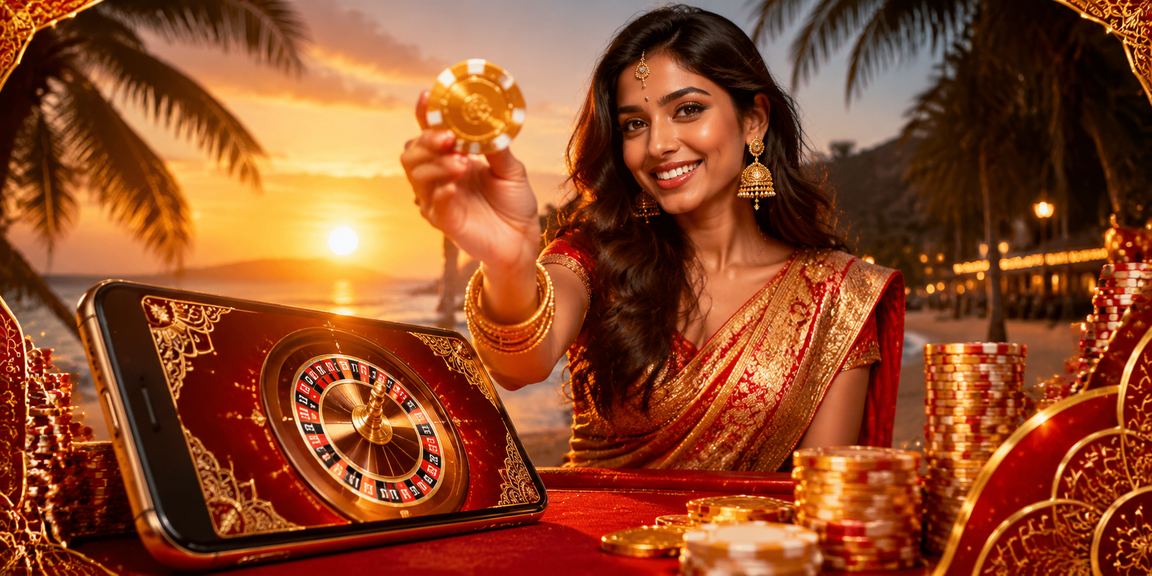 Goa beach scene with player interacting with live casino app on mobile device